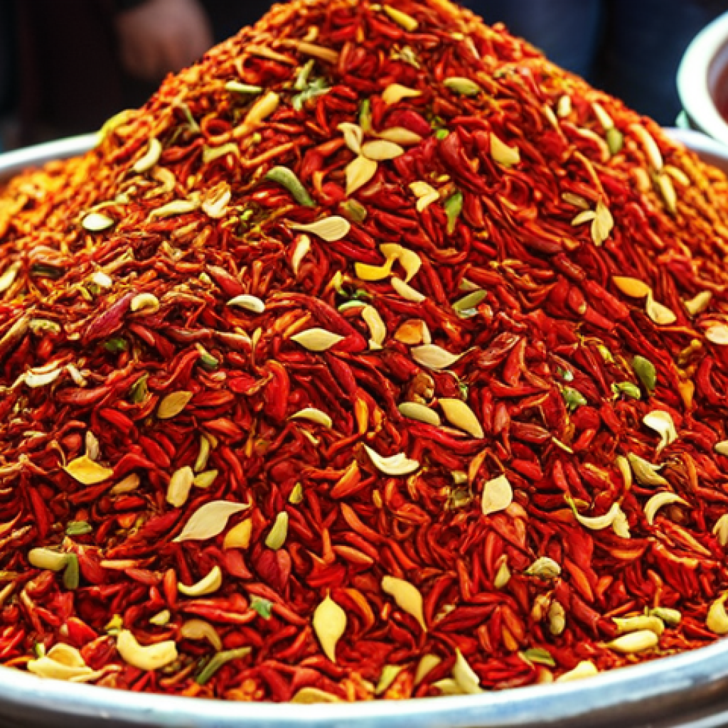 **A vibrant, bustling Spice Bazaar in Istanbul. Piles of colorful spices (red pepper flakes, golden saffron) overflow from sacks. People are haggling, and the atmosphere is lively, filled with sounds and colors. Focus on the textures and rich details.**