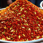 **A vibrant, bustling Spice Bazaar in Istanbul. Piles of colorful spices (red pepper flakes, golden saffron) overflow from sacks. People are haggling, and the atmosphere is lively, filled with sounds and colors. Focus on the textures and rich details.**