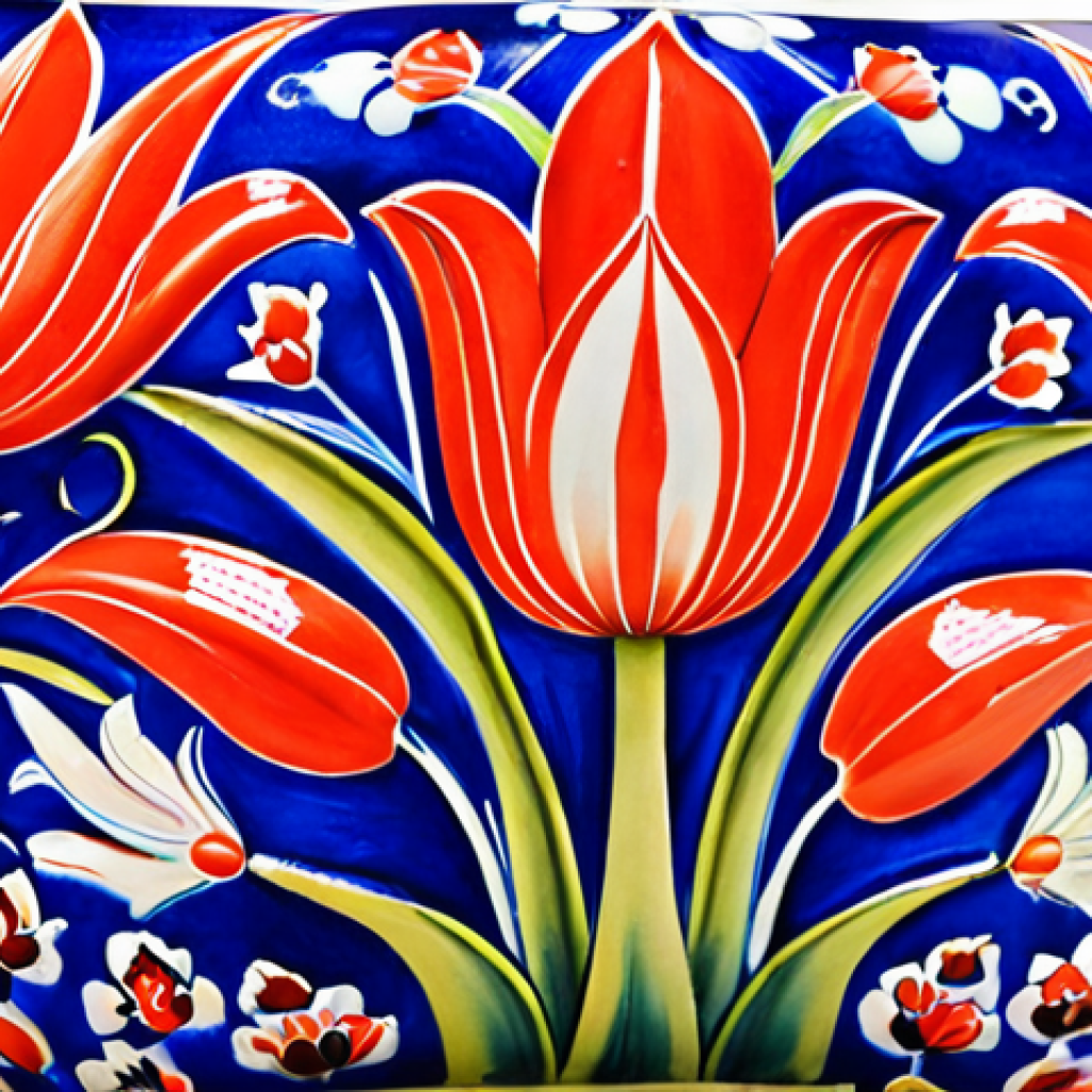 **A close-up of Turkish pottery featuring tulip and carnation motifs, painted in vibrant cobalt blue and coral red. Focus on the intricate details of the floral patterns and the glossy texture of the glaze.**