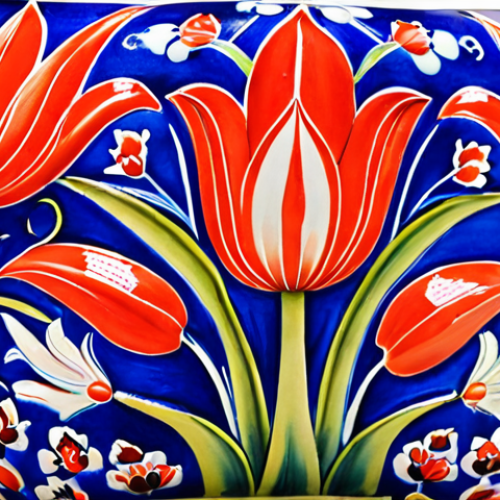 **A close-up of Turkish pottery featuring tulip and carnation motifs, painted in vibrant cobalt blue and coral red. Focus on the intricate details of the floral patterns and the glossy texture of the glaze.**