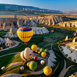 Cappadocia Balloons**

"A breathtaking aerial view of Cappadocia, Turkey at sunrise. Hundreds of hot air balloons fill the sky above the fairy chimneys and colorful valleys. Soft golden light illuminates the landscape. Fully clothed tourists can be seen enjoying the ride. Perfect anatomy, correct proportions, natural pose, safe for work, appropriate content, fully clothed, professional photography, high quality, family-friendly."

**