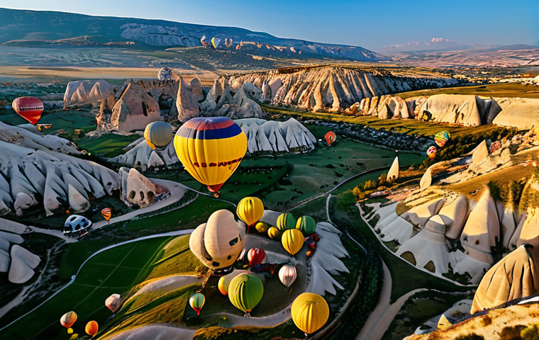 Cappadocia Balloons**

"A breathtaking aerial view of Cappadocia, Turkey at sunrise. Hundreds of hot air balloons fill the sky above the fairy chimneys and colorful valleys. Soft golden light illuminates the landscape. Fully clothed tourists can be seen enjoying the ride. Perfect anatomy, correct proportions, natural pose, safe for work, appropriate content, fully clothed, professional photography, high quality, family-friendly."

**